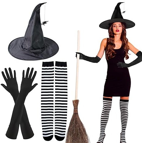 BOFUNX Halloween Hexenkostüm Damen Accessoires Hexenhut mit Spinne Gestreifte Kniestrümpfe Handschuhe Halloween Kostüm für Halloween Karneval Fasching