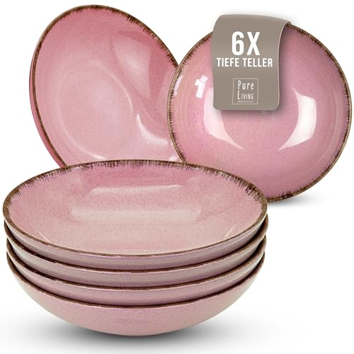 Set di 6 Piatti Fondi Rustici - Steingut di Qualità Premium, Lavabili in Lavastoviglie - Elegante Set di Piatti Profondi per 6 Persone, Ideali per Zuppe, Insalate e Pasta - Pure Living rosa