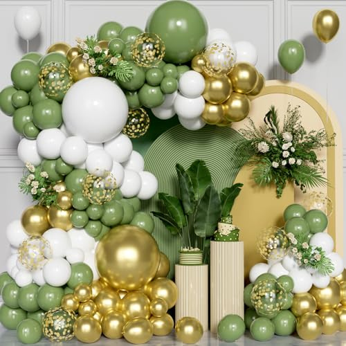 136Pcs Sage Green Balloon Arch Kit, White Olive Green Metallic Gold Party Balloons Garland Kit for Birthday Bridal Baby Shower Congratulations Wedding Anniversary Party Decorations Supplies