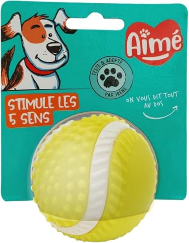 Aimé - Pelota para Perros 5 en 1 Sabor de Carne - Juguete Interactivo/Educativo para desarrollar y estimular los 5 sentidos, Resistente a Todas Las Razas y Todas Las Edades - Pelota 8 cm