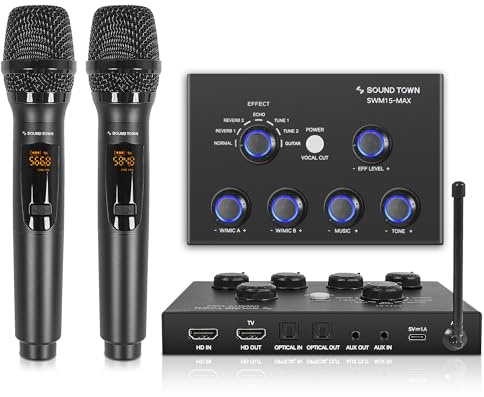 Sound Town 16 Kanäle Wireless Microphone Karaoke Mixer System w/ 2 Wireless Mics, HD ARC, Optical (Toslink), AUX, Supports Smart TV, Media Box, PC, Bluetooth, Soundbar, Receiver (SWM15-MAX)