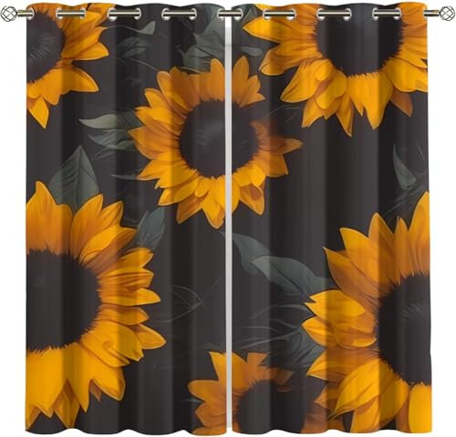 Vorhang Blickdicht Gardinen Mit Ösen - 2 Stücke 150 (B) X 166 (H) cm Verdunklungsvorhänge 3D Sonnenblumenblume Muster Thermovorhang Für Kinderzimmer Schlafzimmer Weihnachtsgardinen 9426352258288