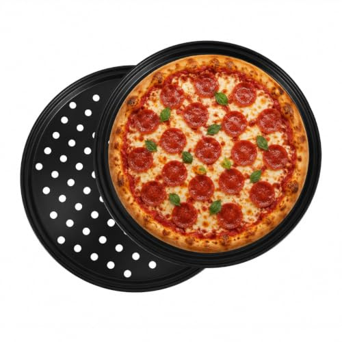 Kopinma Pack of 2 Pizza Pan, 10 Inch Pizza Tray, Non Stick Pizza Oven Tray, Carbon Steel Pizza Baking Tray, Pizza Trays for Oven Non Stick