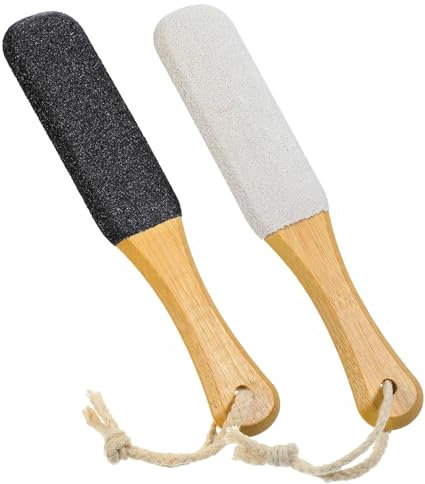 Fußschrubber für harte Haut, doppelseitiger Bimsstein für Füße mit ergonomischem Holzgriff zur Entfernung trockener abgestorbener Haut, effektiv bei Hühneraugen und rissigen Fersen, 2 Stück