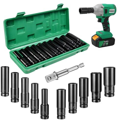 Huucozn 11 PCS Llaves de Vaso de Impacto 1/2 Pulgada con Varilla de Extensión, Llaves Vaso Largas 10-24mm, Llave deVaso Impacto Hexagonal para Reparaciones de Automóvil y Cambio de Neumáticos