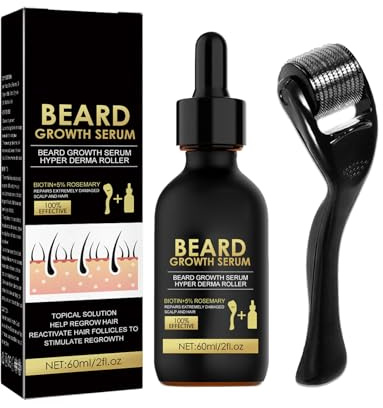 Grow Barbe Set,Huile de Soin Pour Barbe Homme Avec 1 Flacon de 60 ML d'huile + 1 Rouleau,Adoucit,Lisse et Stimule la Croissance