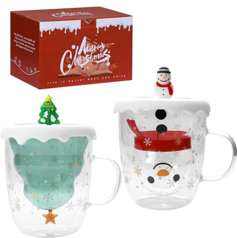 Moerstar Weihnachts Tasse, Süße Weihnachtstassen 2er Set mit Weihnachtsgeschenkbox Weihnachtsbecher mit Deckel Weihnachtsmann und Weihnachtsbaum Tasse Geschenk für Weihnachten Neujahr