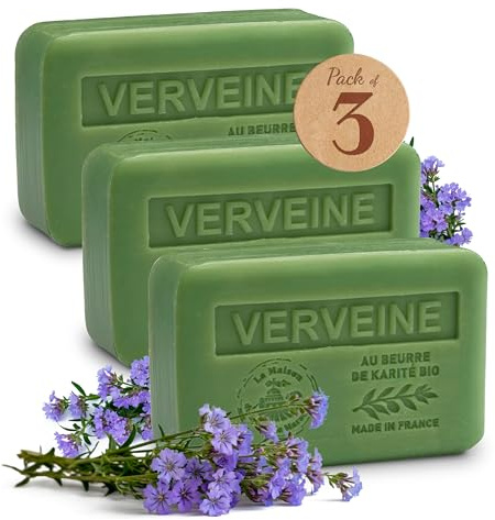 Saponi Solidi Karité Verbena – Set di 3 x 250 g – Arricchito in burro di karité biologico – Sapone naturale idratante – Realizzato in Provenza – Sapone a mano e corpo profumato al limone verbena – 97%