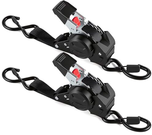 Cinghie a Cricchetto Autoavvolgenti 3m x 25mm | Set di 2 Pezzi con ganci a S, 750kg carico di rottura | Cinghie di fissaggion per moto, rimorchio, camion - Nero