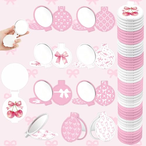 PRESSINART 50 Stück 10 Designs Rosa Schleifen Klappspiegel Großhandel 2.76 x 2.36 Zoll Mini Faltspiegel Coquette Kirsche Tragbarer Runder Taschenspiegel Make Up Geschenke Für Frauen Reisen