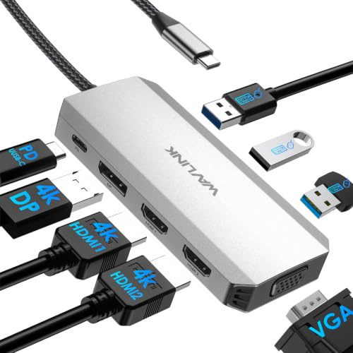 Estación de acoplamiento para laptop, estación de acoplamiento USB C, monitores cuádruples con HDMI dual, DP, VGA, 100 W PD en, 3 USB 2.0 para dispositivo inalámbrico, compatible solo con Lenovo, HP