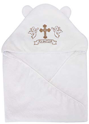 LACOFIA Asciugamano battesimo con cappuccio per bambino Coperta per unisex prima infanzia,Bianco con ricamo a croce dorata,Asciugamano da bagno completo taglia 90 * 90 CM
