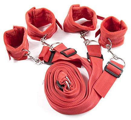 CANAREA Handschellen Fußfesseln Geschirr set Sex sm Erotik Nylon Bondage Bandage Plüsch Bettfesseln Körperfesseln Rollenspiel Cosplay Sextoys Fetisch Slave sexspielzeug für Paare Einstellbar (Rot)