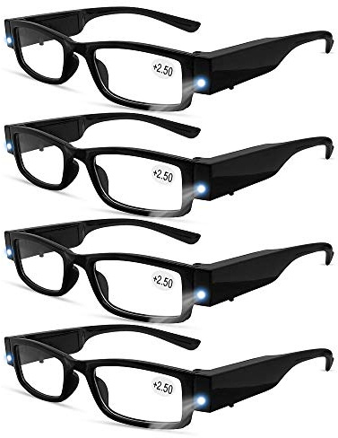 4 Pcs Reading Glasses Led Readers with Lights Fashion Glasses for Reading for Men and Women Lighted Magnifier Nighttime Reader Compact Full Frame Eyewear Unisex Clear Vision Lighted Eye Glasses(+250)
