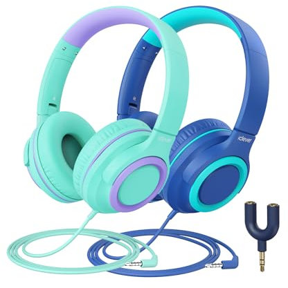 iClever Casque Audio Enfants, Volume Sécurisé Limité 85 dBA – Casque pour Enfant Filaires avec Répartiteur de Partage, écouteurs Stéréo Pliables sans Enchevêtrement pour l'école/Tablette/Voyage