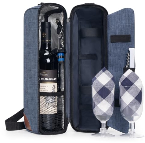 ALLCAMP Outdoor Gear Bolsa de Vino con Compartimento refrigerador, Juego de Picnic con Dos Juegos de vajilla (Azul)