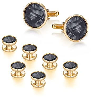 wynameleri Mens Classic Shirts Cufflink Studs, Mother-of-Pearl Tuxedo Shirt Button and Cuff Links Set, Formal Business Wedding Jewelry XDS13 Gold Black