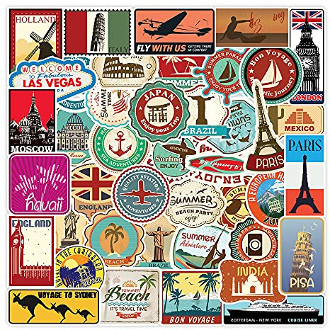Paquete de 100 calcomanías de mapa de viaje de ciudad, vinilo impermeable para turismo mundial para adultos y adolescentes, calcomanías de sello vintage para computadora portátil, equipaje