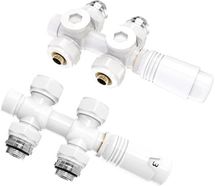 S'AFIELINA Ventil-Armaturen Set Multiblock Ventilhahnblock mit Thermostat für Heizkörper Handtuchheizkörper Anschlussarmatur Universal 50mm für Eck- und Durchgangsform, Weiß (16mm, 2Stück)