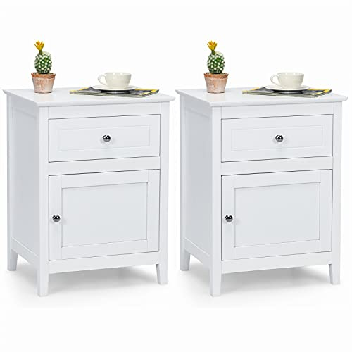 COSTWAY Nachttisch aus Kiefernholz, 2 er Set Nachtschrank mit Schublade und Tür, 2-stufiger Akzenttisch Beistelltisch mit geräumiger Tischplatte, Sofatisch Kaffeetisch für Wohnzimmer Lounge (White)