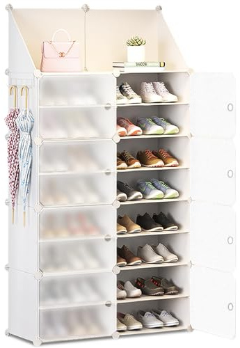 HOMCENT Zapatero con Puertas, Mueble Zapatos, Zapatero Extensible, estantería Modular de plástico para Dormitorio Sala de Estar(2 x 8 Niveles,Blanco)
