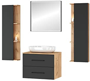 Planetmöbel Badmöbelset Waschtischunterschrank LUX 70 cm | Gold Eiche / Anthrazit OHNE Waschbecken mit 2x Seitenschrank Gold Eiche / Anthrazit