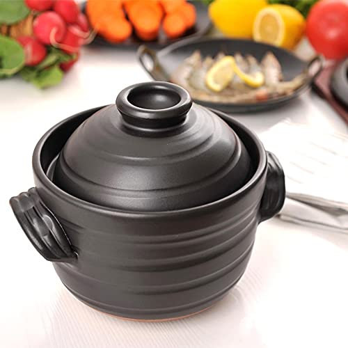 NMNMNM Plato para cazuela con Tapa Olla Caliente de cerámica Cazuela Olla de Barro Olla Negra Grande Olla de arroz Olla de Sopa Resistente al Calor Sartén para estofado Inicio ， 1.7L
