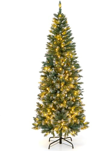 COSTWAY Albero di Natale Slim con Luci 150/180cm, Albero di Natale Innevato con 408/618/818/1298 Punte, 200/250/350/500 Luci LED Bianche Calde, Supporto in Metallo Pieghevole (180 cm)
