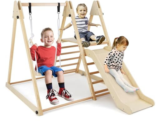 COSTWAY Wooden Climbing Frame with Adjustable Swing, Slide, Folding Toddler Playground Gym Playset for 3+ Years