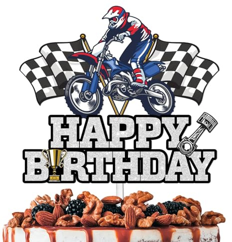 White Glitter Cake Topper Cheer to Rider Racing Motorsport Motorcycle Racing Flag Theme Decor Supplies Men Boys Happy Birthday Party Decorations