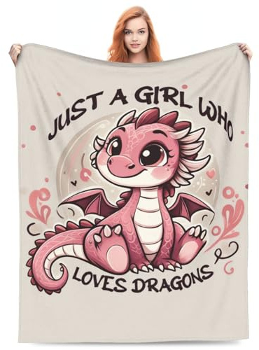 amepay Graziosa coperta con drago, regalo per bambini, con scritta Just a GILR Who Loves Dragons, in flanella, morbida, comoda, leggera, per decorare la casa, divano, letto, 127 x 101 cm