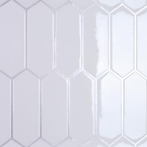 CRE8TIVE Weiß Wandfliesen Selbstklebend 16 Stück 3D Sechseck Lang Fliesenaufkleber Selbstklebende Fliesen Klebefliesen Bad Wasserfest Küchenrückwand Klebefliesen Für Treppen Kamin 30.5cm x 30.5cm