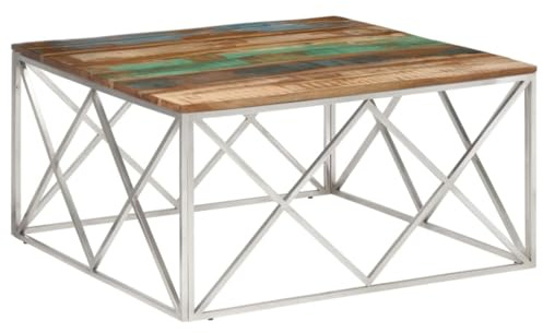 Makastle Wohnzimmer Tisch für Couch, Center Tisch Couchtisch Kaffeetisch Sofatisch Wohnzimmertisch, Silbern Edelstahl und Altholz Massiv