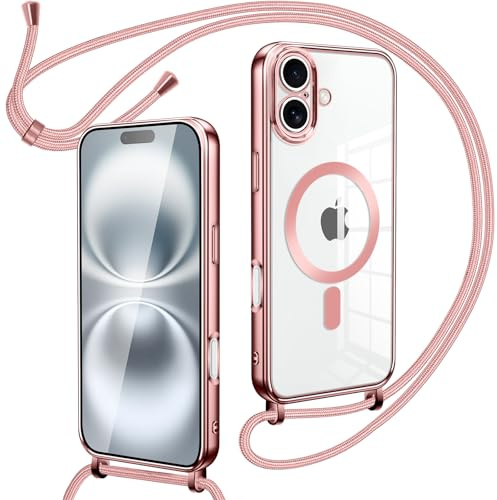 Oelrstfe Magnetische handyband mit Band für iPhone 16 Hülle - Necklace HandyHülle Transparente zum Umhängen mit justierbarer und Abnehmbarer Kette, Crossbody Magnet Clear Cover(Rose-Gold)