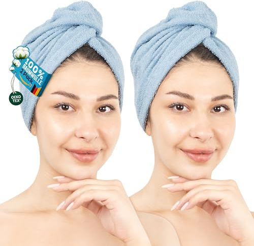 Hammetex Turbante para Pelo Pack de 2 con Boton, 100% Algodón | Certificadas OEKO-TEX, absorbentes, secan el pelo rápidamente, para pelo largo y rizado, para el baño