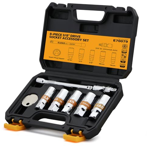 ELEAD 8-Piece 3/8 Drive Spark Plug Socket Set with Universal Joint, Spark Plug Gapper and 6 Extension Bar, SAE & Metric, 5/8, 3/4, 13/16, 14mm, 18mm, CR-V Sockets with Rubber Holding Rings