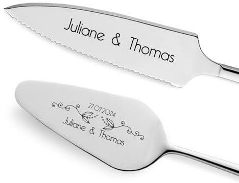 GRAVURZEILE Tortenheber inkl. Tortenmesser mit persönlicher Gravur - Blumenranke - Geschenk zur Hochzeit - Hochwertiger Edelstahl - Spülmaschinengeeignet - Hochzeitsgeschenke für Brautpaar - Silber