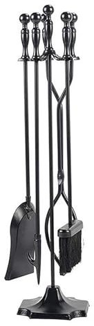 SBCWH Ensemble D'outils de Cheminée 5 Pièces, Accessoires de Cheminée en Fer Forgé Noir avec Pelle à Tisonnier, Pinces, Brosse Et Support, pour Poêle à Bois D'intérieur et Foyer