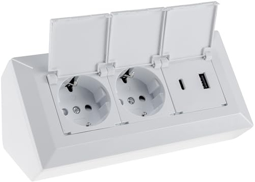 ChiliTec 2-Fach Steckdosenblock mit Klappdeckel USB-A USB-C PD, Weiß | 230V, Mehrfachsteckdose für Küche Büro Werkstatt