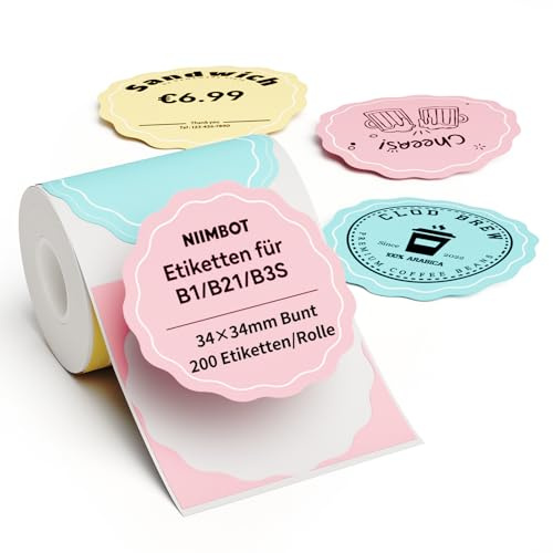 NIIMBOT Etiketten für B1 B21 B3S Etikettendrucker, 34 x 34mm 200 Etiketten/Rolle, Selbstklebender Etikettenband für Supermärkte, Einzelhandel, Büro, Bunt
