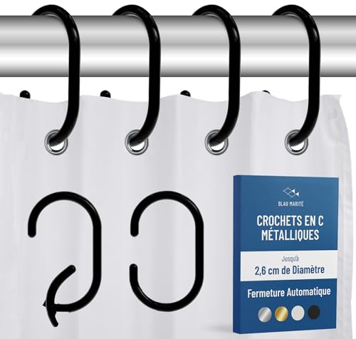 Blau Marité lot de 12 crochets en métal en forme de C pour rideau de douche, antirouille, anneaux décoratifs pour salle de bain, pour tringles jusqu’à 2,6 cm, noir jusqu’à 2,6 cm