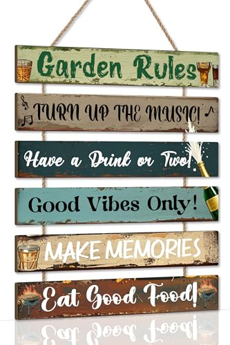 KAIRNE Garden Rules Wall Sign Beers Relaxing Quotes Turn Up The Music Outdoor Yard Rustic Hanging Wooden Plaque Make Memories Vintage Funny Garden Plaque for Backyard Party