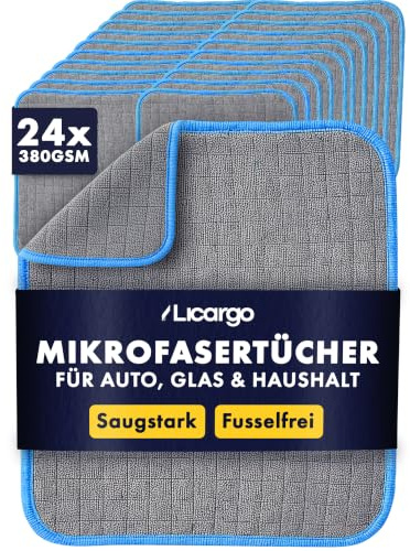 LICARGO Lot de 24 chiffons en microfibre 380 g/m² - 40 x 40 cm - Chiffons de nettoyage pour voiture - Chiffon de polissage - Chiffons en microfibre non pelucheux pour voiture, moto et maison - Chiffon