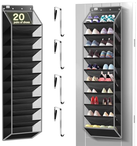 Kotkn 10 Tier Over The Door Organizer - Heavy Duty Hanging Storage Rack with Sturdy Oxford Fabric, Holds 20+ Pairs of Footwear, Boots & Sneakers, Saves 50% Closet Space (Black)