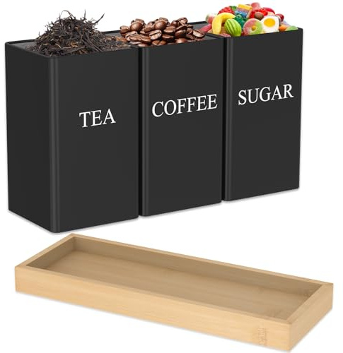 RHAIQBVC 3Pcs Tea Coffee Sugar Canisters with Bamboo Lid and Tray, Metal Coffee and Sugar Containers,Versatile Kitchen Storage Jars Space Saving for Home Kitchen, 8.5 x 8.5 x 14.3 cm (Black)