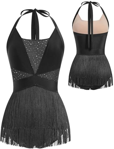 FYMNSI Women Jazze Latin Dance Costume Rhinestone Bodysuit Backless Halter V-neck One-piece Glitter Fringe Tassel Jumpsuit Ladies Music Festival Rave Pole Dance Outfit Clubwear Dancewear Black S