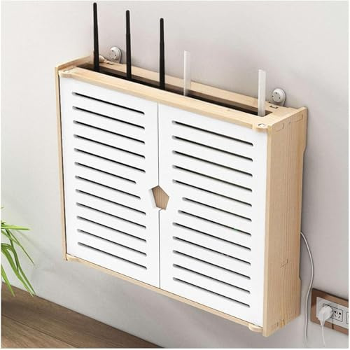 Caja de almacenamiento con enrutador WiFi, estante de madera de 2 capas con puerta de armario para televisor montado en la pared, regleta decorativa y gestión de cables