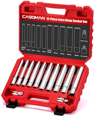CASOMAN 12 PCS 3/8-Inch & 1/2-Inch Drive Extra Deep Socket Set with Storage Case, 6 Point, 8mm to 19mm, Metric, CR-V, Include Adapters