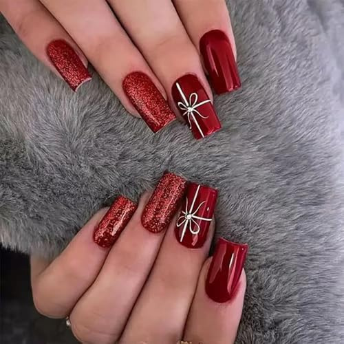 Xonojun Faux Ongles Noël Bordeaux à Paillettes avec Nœud Papillon, Ongles Artificiels Élégants pour Fête, Press-on Nails Scintillants Rouge Vin, Idée Cadeau Noël Saint Valentin Nouvel An