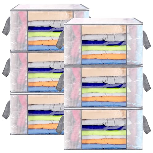 SUNNOW 6 Pcs Clothes Storage Bags 80L, Large Capacity Foldable Storage Box with Zip Moving Bags with Reinforced Handle for Toys Blankets Duvet Clothes